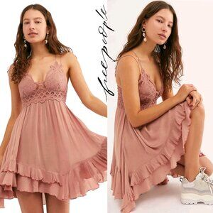 Free People One Adella Slip Dress Rose Pink Boho Lace Crochet Lacey XS